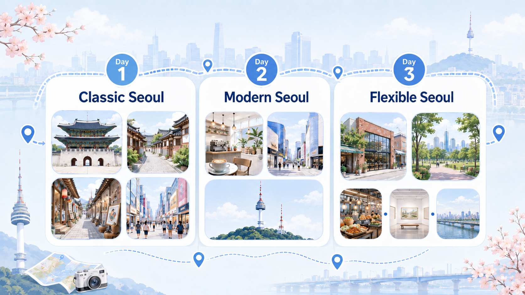 Simple 3-day Seoul itinerary infographic showing classic Seoul, modern Seoul, and flexible Seoul travel routes for first-time visitors.